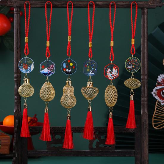 Chinese New Year Decoration Mini Golden Hollow Lantern Ornament Lucky Hanging Tassel Pendant for Fortune Wealth Success Home Kitchen Bonsai Tree Car
