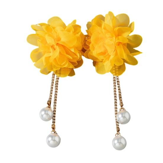 Large Fabric Flower Earrings Boho Faux Pearl Dangle Drop Earrings Long Rhinestone Tassel жёлтый