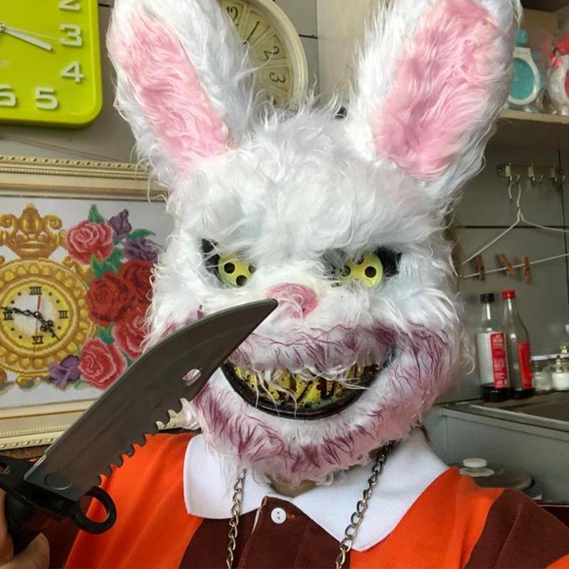LED Halloween Scary Killer Bunny Headgear Carnival Masquerade Dance Horror Costume Props Glowing Cosplay Bloody Rabbit Mask