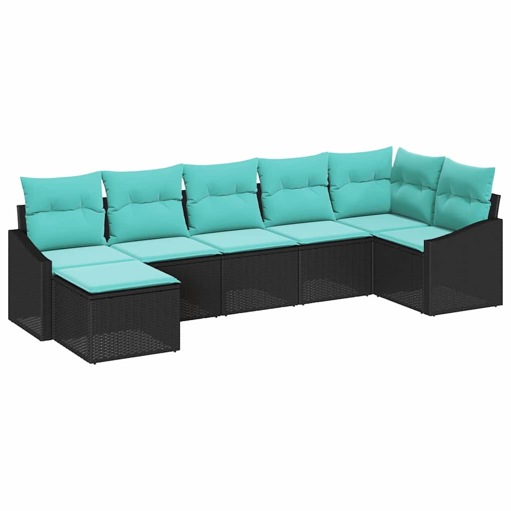 7 Piece Sofa Set with Cushions Black Poly Rattan
