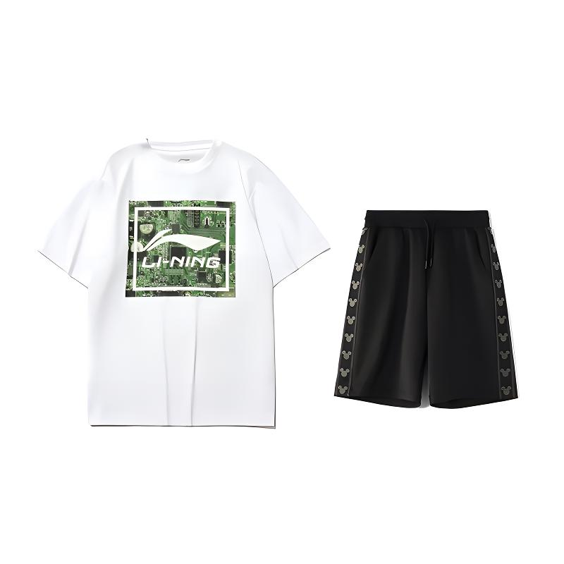 

Li-Ning Versatile Round Neck Short Sleeve T-Shirt Fashion Skin-Friendly Comfortable Shorts Casual Sports Set Unisex sets AHSU999-1+YKSV129-2 S