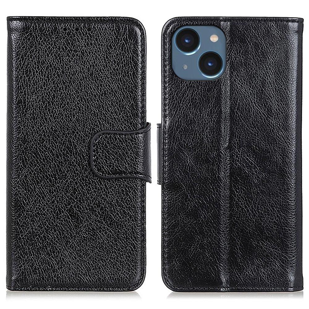 

For iPhone 15 Split Leather Phone Case Nappa Texture Anti-drop Protective Cover with Stand Wallet Black