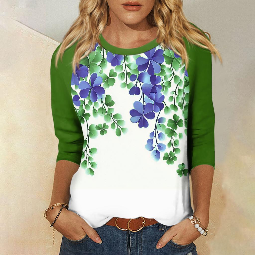 Women's St. Patrick's Day Print Round Neck Three-Quarter Sleeve Top