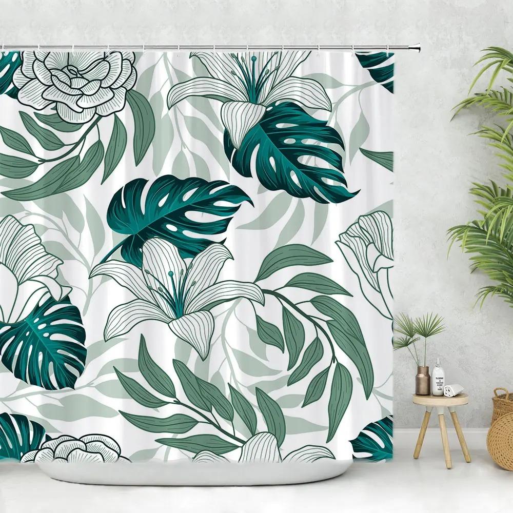 Beautiful Spring Greenery Floral Shower Curtain Eucalyptus Leaves Tropical Leaves Polyester Washable Buth Curtain Bathroom Decor