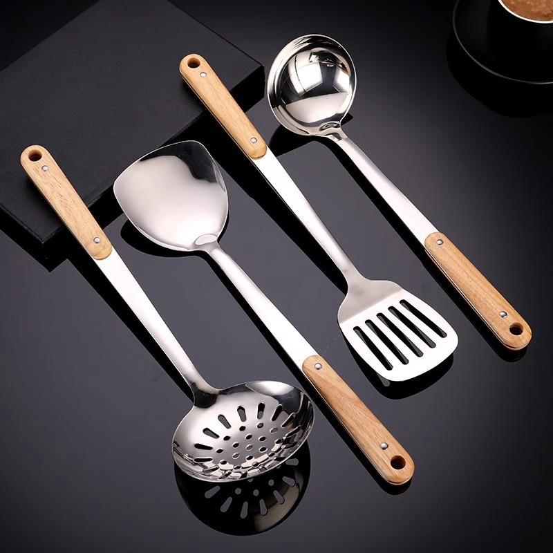 Stainless Steel Spatula with Thick Solid Wood Handle Household Cooking Spatula Soup Spoon Soup Spatula and Kitchenware