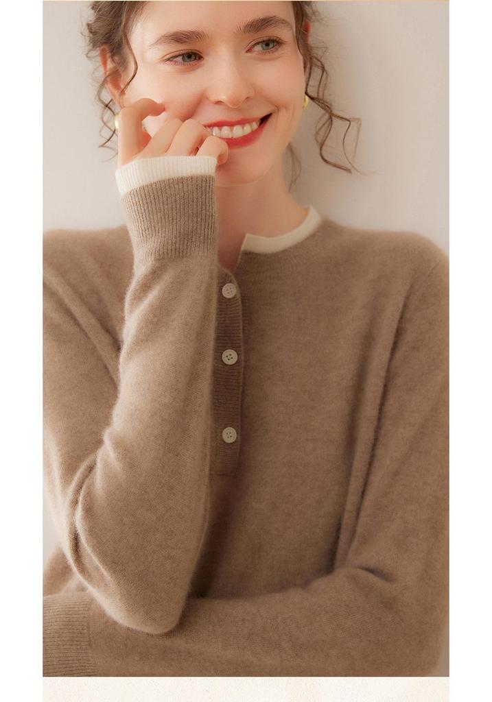 Lekasha Women's Cashmere Color Block Two-in-One Round Neck Long Sleeve Sweater