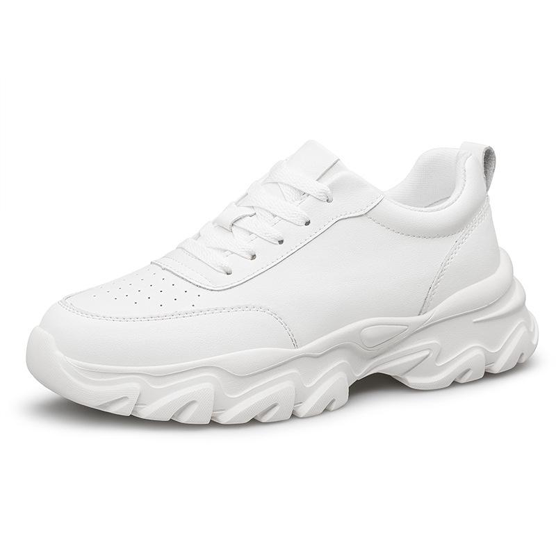 Men's Hidden Height Sports Casual White Cowhide Shoes, Low-Top, Thick Sole for Spring.