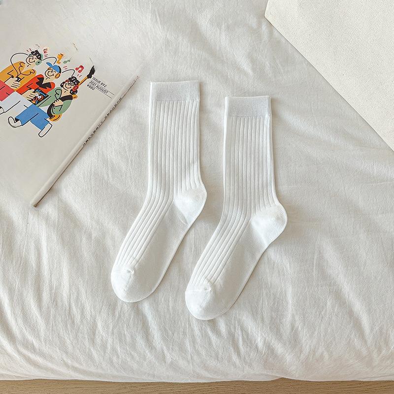 Female Summer Thin Simple Pure Color All Build Vertical Bar Wicking High Tube Cotton Socks