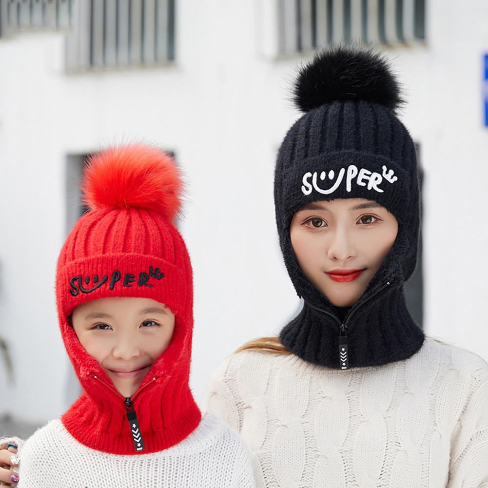 Women Kids Girls Warm Pullover Knitting Neckerchief Hat with Zipper for Riding