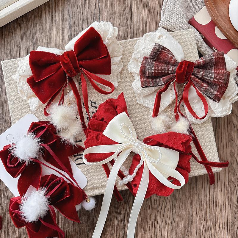 Lace Bowknot Hair Clips For Girls Sweet Versatile Stylish Year Ponytail Hairpin Red Velvet Korean Kids Princess Headwear