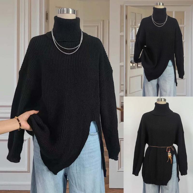 Womens Split Hem Mid-Length Turtleneck Collar Knit Sweater Loose Fit Plus Size Long Sleeve