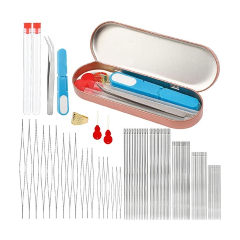 Beading Needle Kits for Jewellery Making, Big Eye Beading Needle, Needle Threaders, Metal Thimble and Storage Tube/Box 1