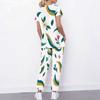 Women Plus Size White Floral Printed Scrub Set Cutout Neck Short Sleeve Pocket Top Long Pants Two Piece