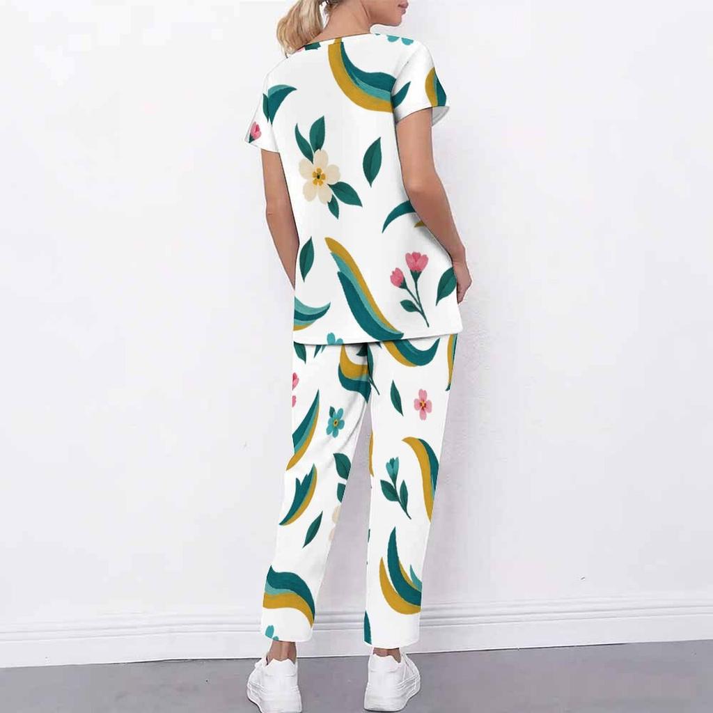 Women Plus Size White Floral Printed Scrub Set Cutout Neck Short Sleeve Pocket Top Long Pants Two Piece