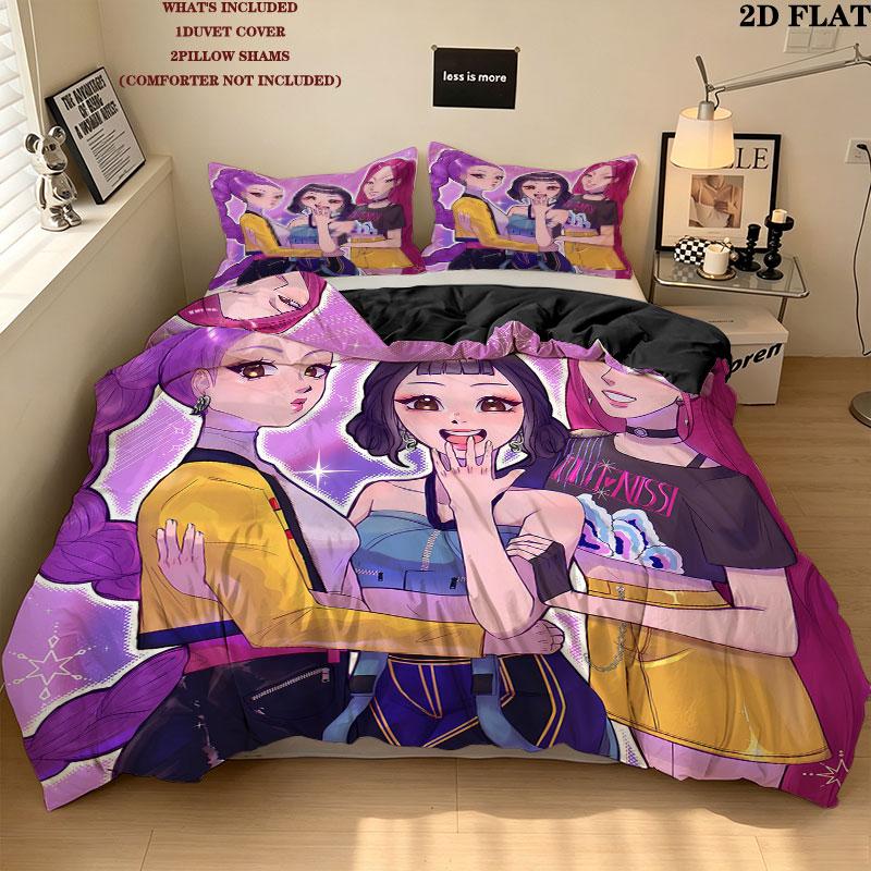 Ensemble de couette Kpop Demon Hunters Motif Housse de couette Taie d'oreiller Maison Cadeau d'anniversaire(1 housse de couette + 2 taies d'oreiller, sans garniture.)