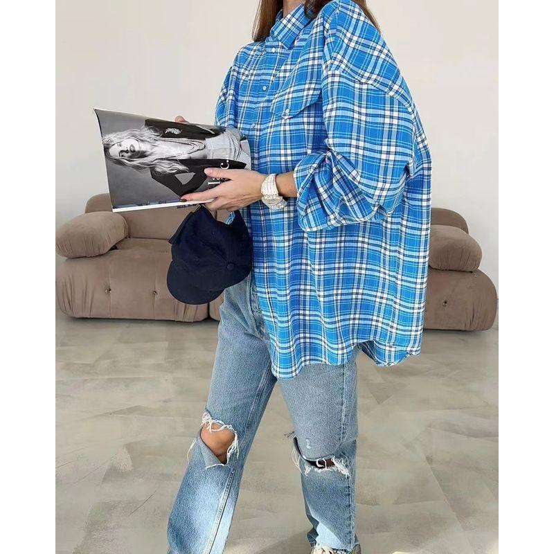 Fashion Style Loose Plaid Retro Lapels Casual Shirt Loose Plaid Long Sleeved Shirt