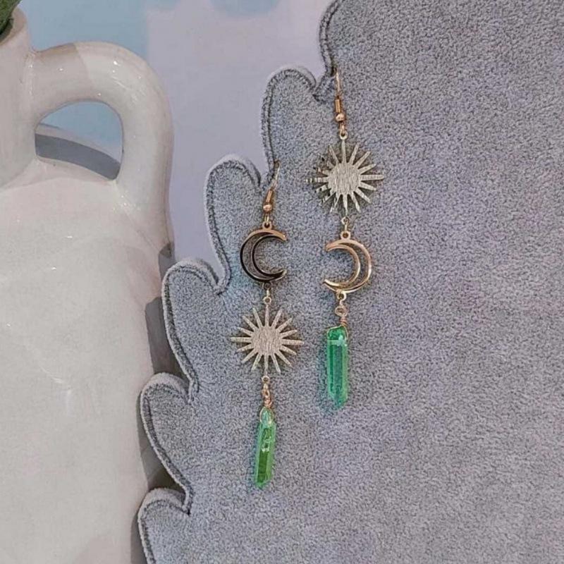 Jun'an Goddess Asymmetrical Electroplated Quartz Sun & Moon Charm Earrings in 18k Gold Bohemian Style