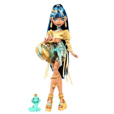 Inclui boneca Monster High Cleo de Nile, blusa dourada e saia em camadas, cobra de estimação Hiset e acessórios como mochila, lanches, pergaminho e mais.