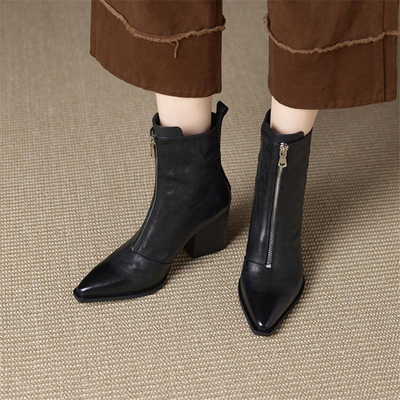 Mote Nye Høst/vinter Ekte Skinn Dame Støvletter Spiss Tå Sko for Kvinner Mote Støvletter Høye Hæler Korte Støvletter Kraftige Hæler