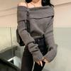 Lente en Herfst Schuine Hals Gebreide Trui Dames Sexy Off Shoulder Lange Mouw Pullovers Vrouwelijke Koreaanse Elegante Verdikte Getailleerde Jumpers Top