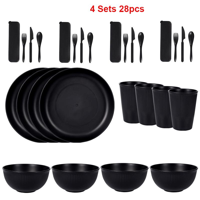 

Набор черных пластиковых столовых приборов из пшеничной соломы, многоразовые тарелки, миски, чашки, нож, ложка, кухонная посуда для пикника, кемпинга, вечеринки, ужина