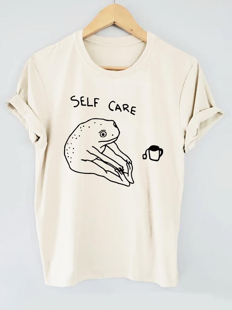 Summer New Self Care Frog Letter Printed Short Sleeve Round Neck Tshirt Refreshing Personalized Printed Comfortable Casual Top