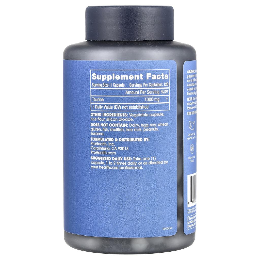ProHealth Longevity Pure Taurine, 1,000 Mg, 120 Capsules