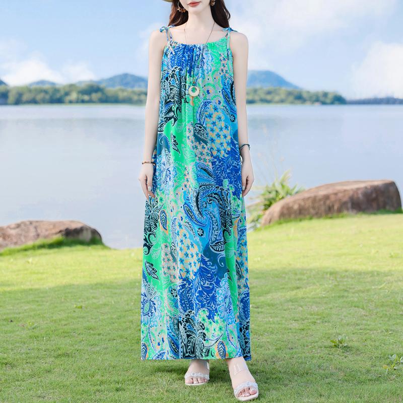 Elegant Woman Summer Strap Dress Plus Size Casual Loose Long Dress Female Vintage Clothes