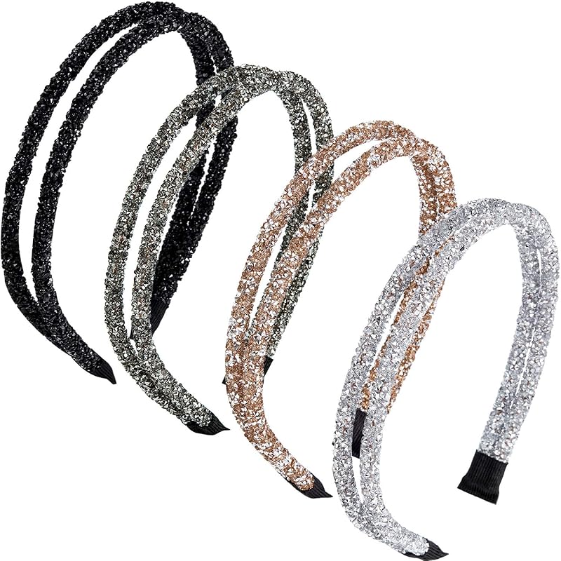 WILLBOND 4 Pieces Rhinestone Hair Band Double Crystal Side Band Imitation Diamond Crystal Hoop Headband Thin Headband for Women Hair Accessory(White, Black, Grey, Silver, Cham