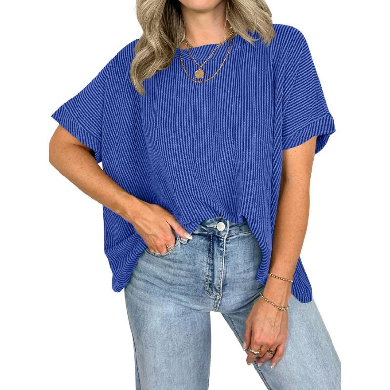 Loose Round Neck Batwing Sleeve Striped Pullover Short Sleeve Casual T Shirt