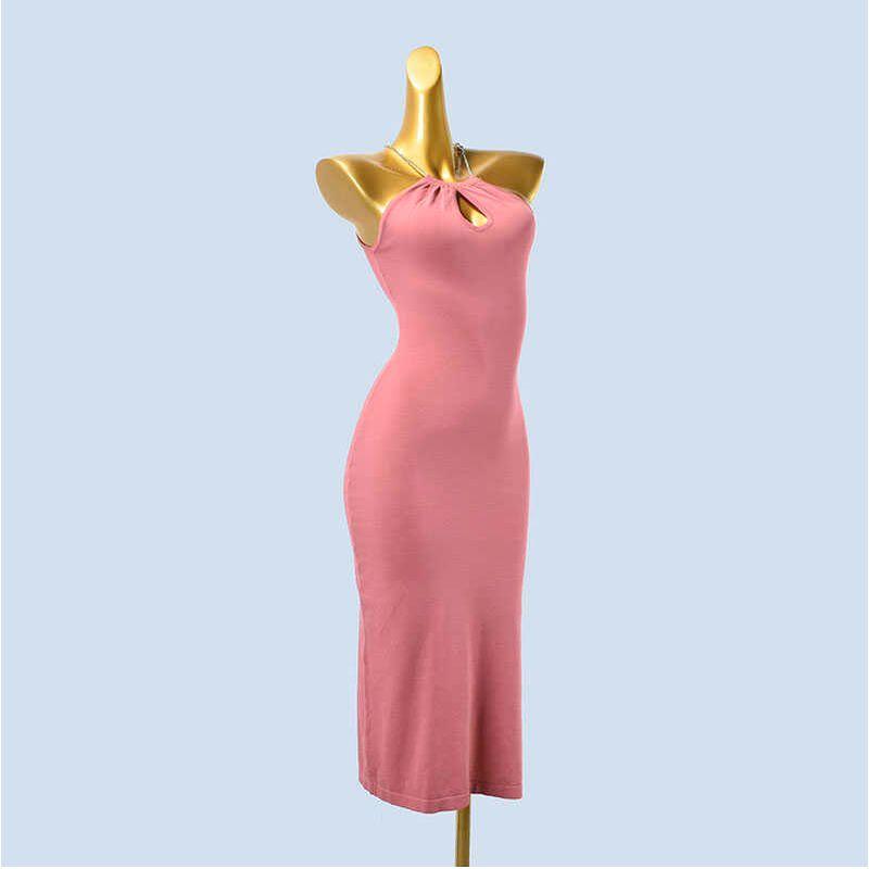 Sexy Sweet and Spicy Pleating Hanging Neck Metal Chain Backless Solid Sleeveless Knitted Ice Silk Vest Dress Summer
