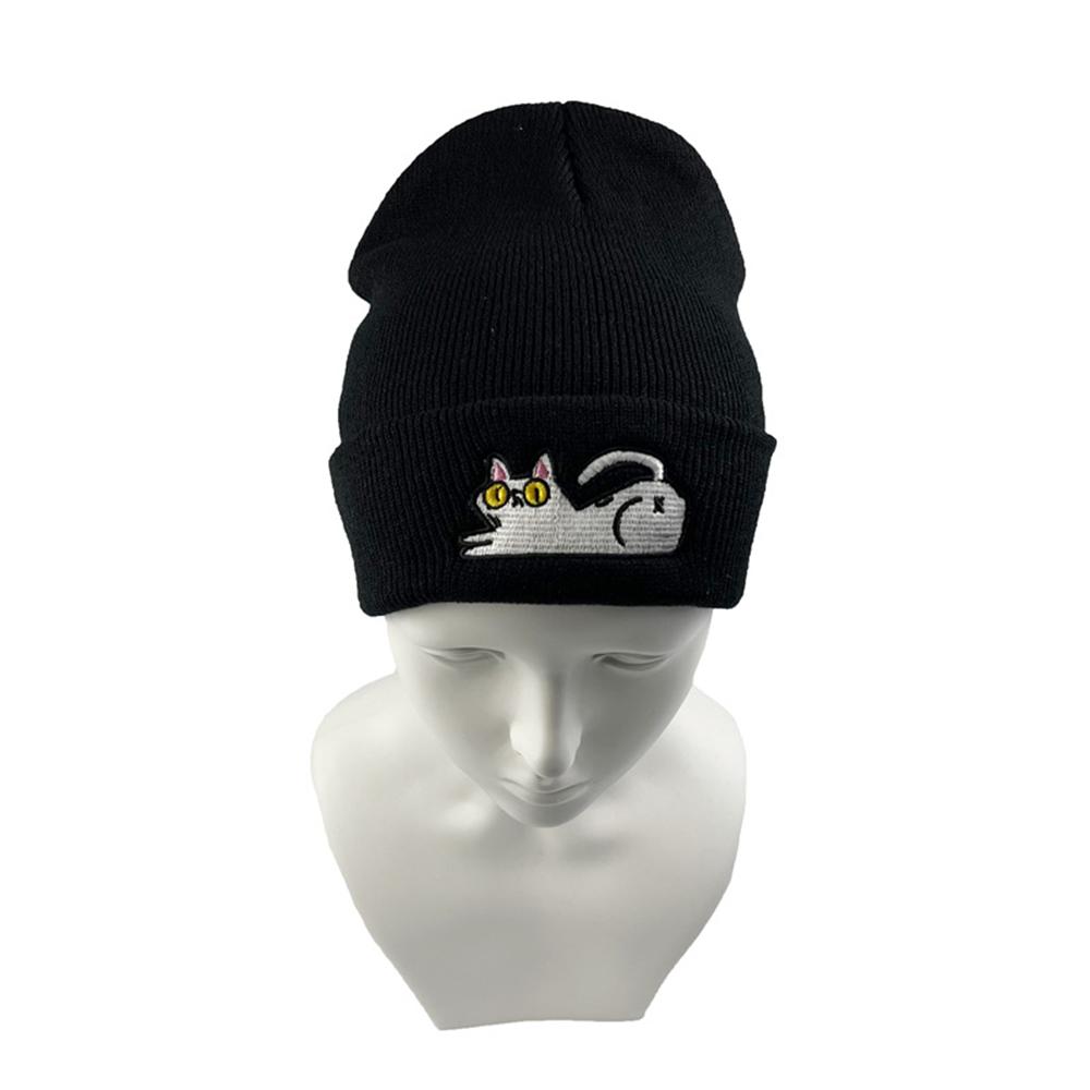 1 Stück Neue modische Unisex-Mütze mit Cartoon-Katzenstickerei, Strickmütze, warm, Herbst/Winter, Skullies-Mütze, Hip-Hop-Mütze, Schwarz
