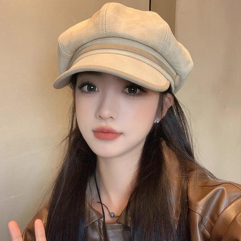 New pu leather brim octagonal hat female retro face little newsboy painter hat big head circumference beret