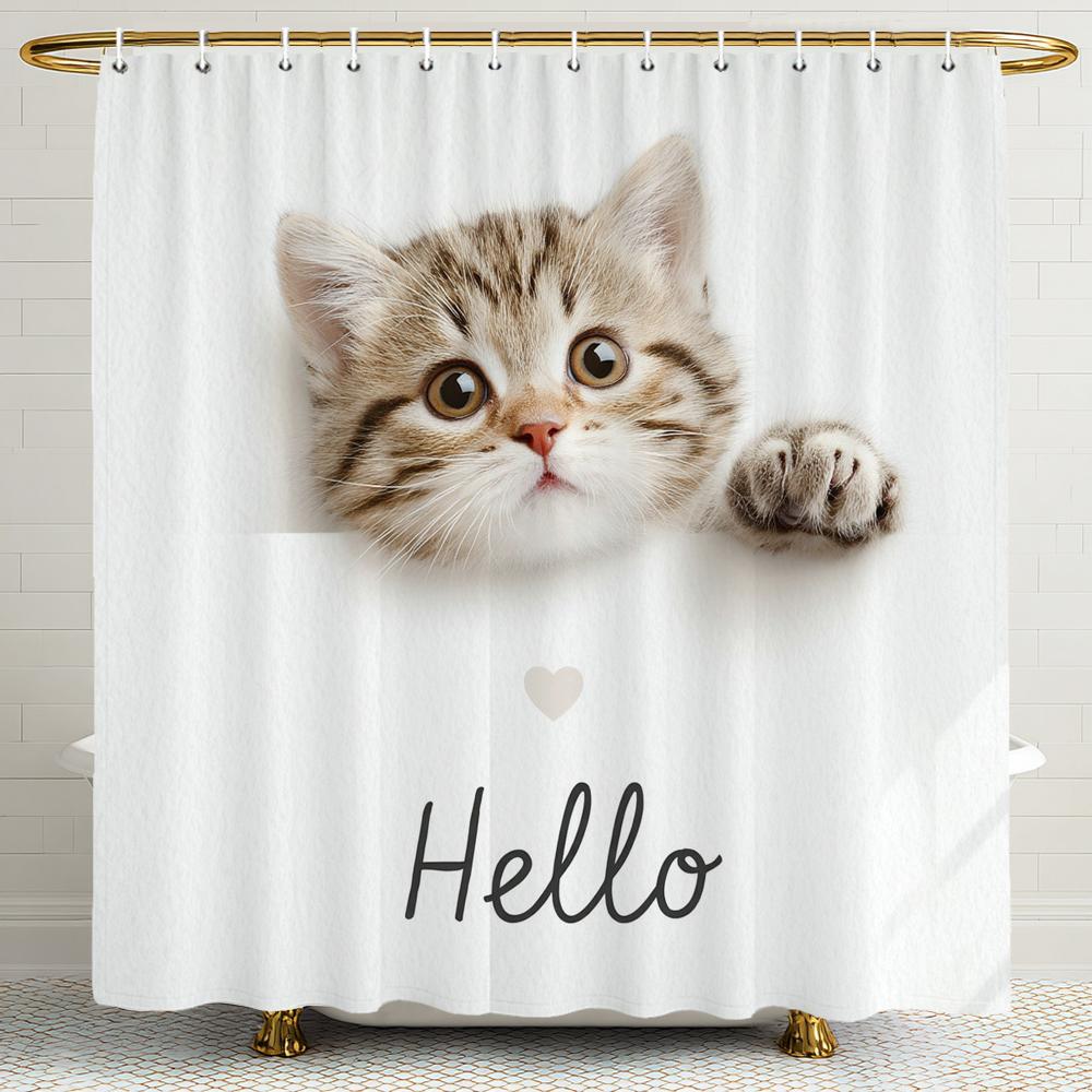 Cartoon Cute Cat Pattern Shower Curtain, Bathroom Decorative Shower Curtain, Printed Fabric Shower Curtain With Hooks