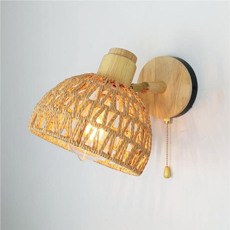 New Retro Hemp Rope Woven Wooden Wall Lamp Bedroom Bedside Lamp Living Room Dining Room Study Decorative Lighting E27