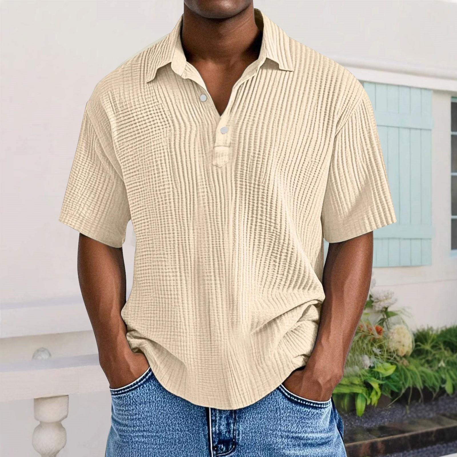 

Men s Casual Short-Sleeve Shirt - Collared Button-Down Solid Color, Breathable & Versatile Stylish Top XXL бежевий