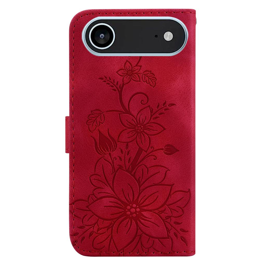 Für iPhone 17 Air Ständerhülle Lily Flower Prägung Leder Handyhülle mit Handschlaufe
