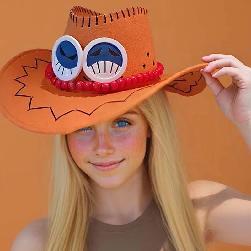 New Anime One Piece Ace Cosplay Hats Unisex Luffy Ace Orange Cowboy Cap for Kids Adult Halloween Carnival Cosplay Accessories