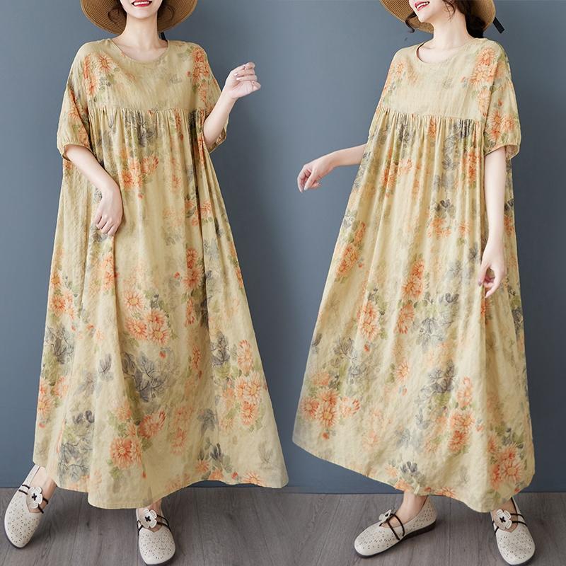 DIMANAF 2025 Summer Women Vintage Printing Plus Size Long Dress Short Sleeve Casual Basic Loose Dress
