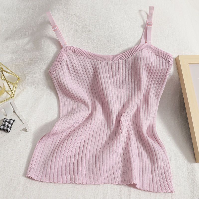 Summer Wear Versatile and Slim Fitting Camisole Top with Solid Color and Simple Knit Vest Inside