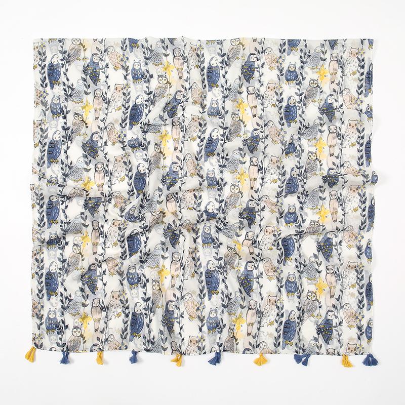 Spring New Cute Scarf Women Luxury Animal Design Tassels Long Shawl Soft Light Weight Viscose Hijab Owl Printed Floral Stoles