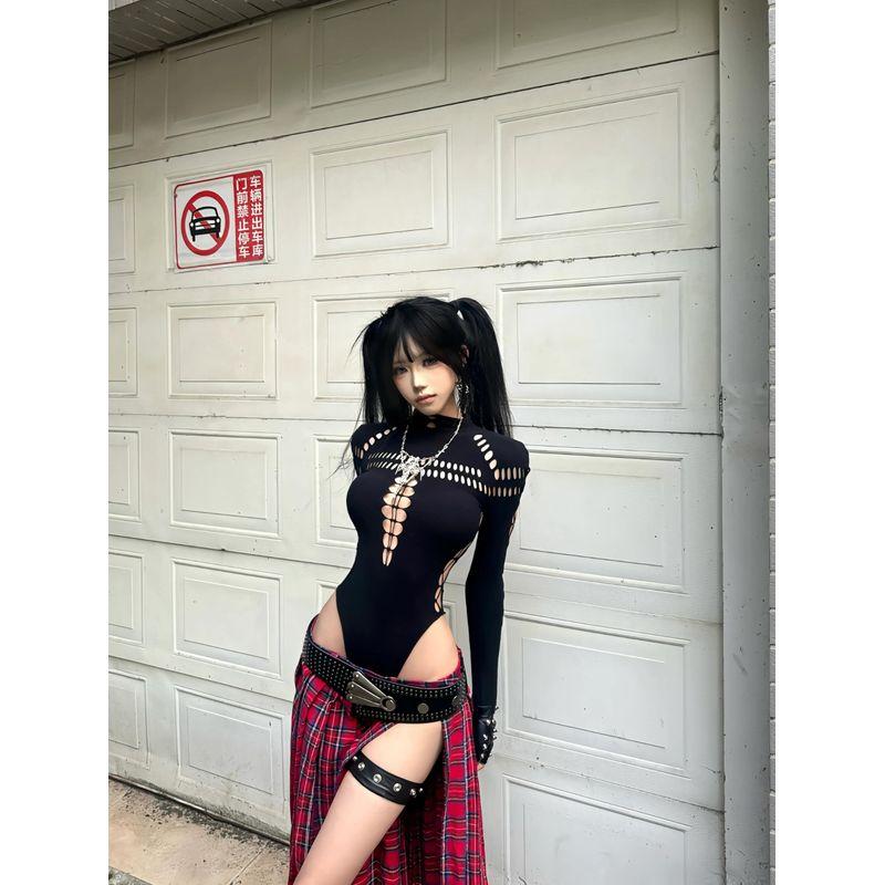 

Garis Мода Сексуальный Стиль Вырезы Рваный Полуводолазка Комбинезон 2025 Новый Сексуальный Приталенный Топ с Длинным Рукавом Black Cut Out-Hole jumpsuit L