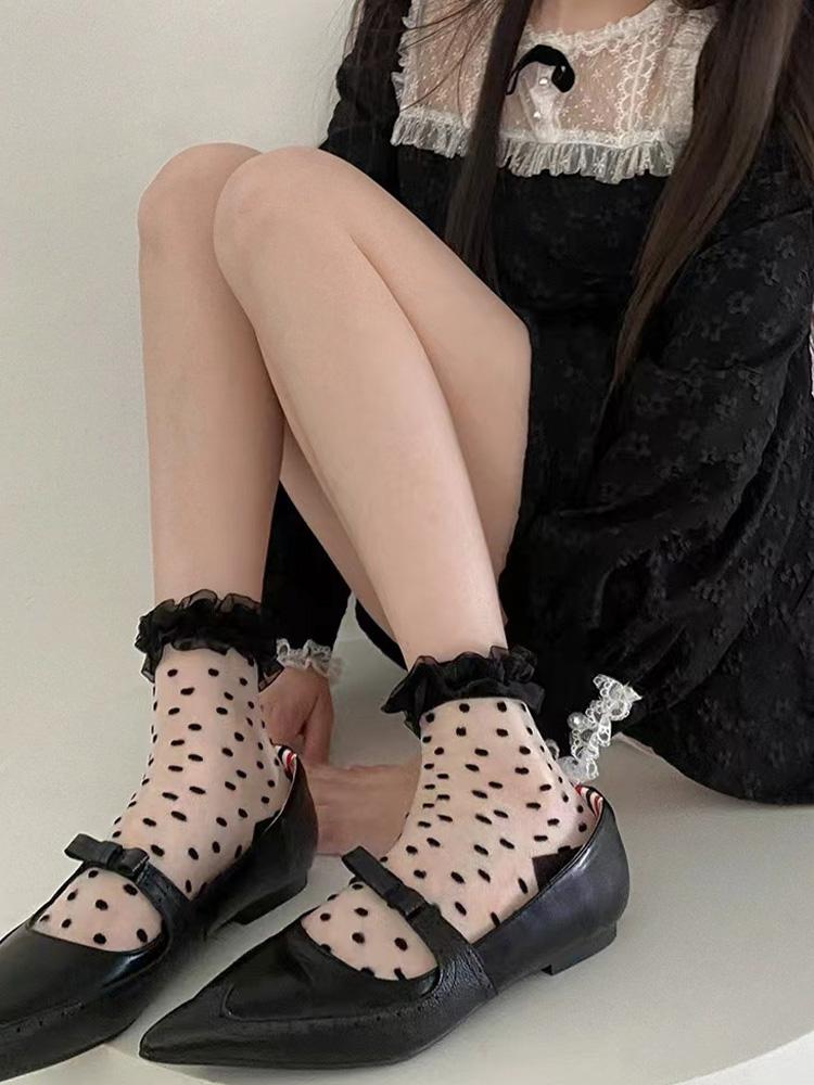 3 Pairs Female Mesh Polka Dot Black Fungus Edge Thin Design Japanese Style Glass Silk Short Socks Lace Lace Mid Tube Socks