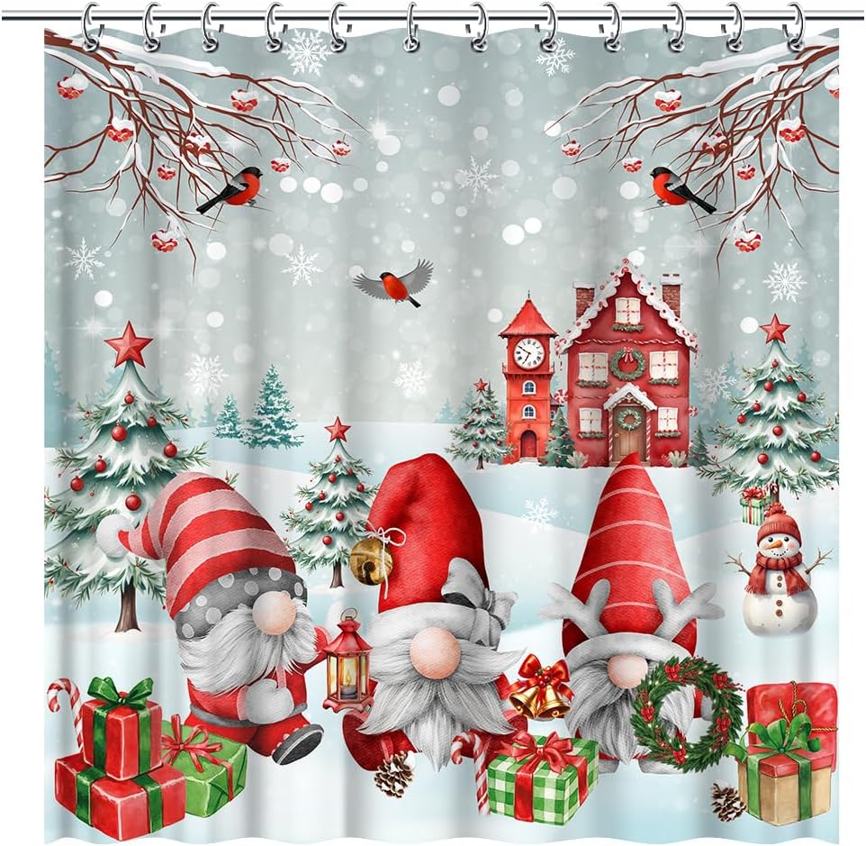 Christmas Claus Gnomes Shower Curtain Enchanted Woodland Elves Santa Snow Xmas Tree Christmas Party Decorations WaterproofFabric