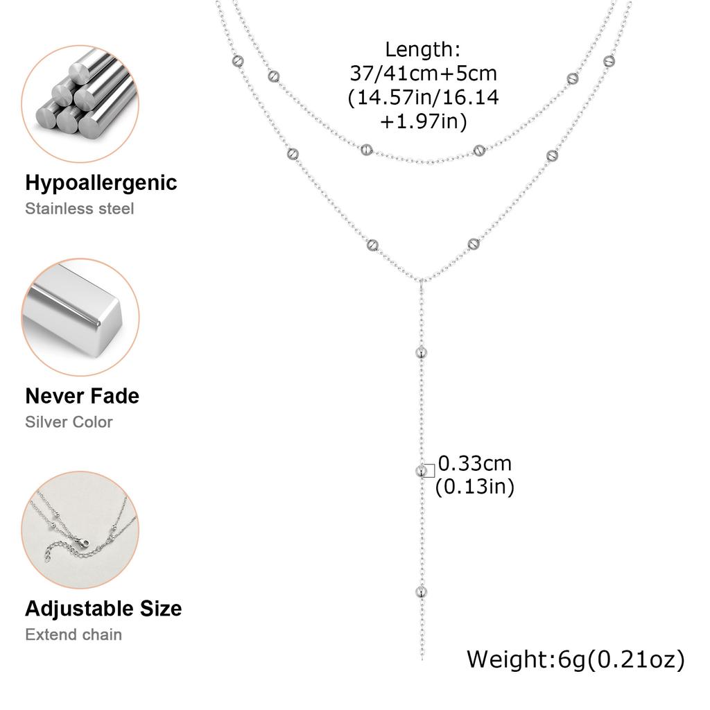 Double Layer Y-shaped Long Chain Drop Pendant Necklace, Gold Plated Stainless Steel Beaded Chain Choker Fashion Jewelry Gifts
