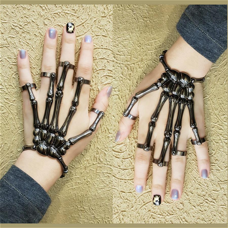 New Unique Punk Skeleton Hand Bone Versatile Five Finger Ring Bracelet Adjustable One Chain Bracelet Halloween Bracelet Unisex