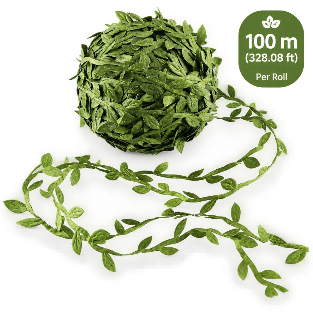 100m per roll Artificial Leaf Ribbon Polyester Green Foliage Ribbon Fake Leaf Trim Wreath making