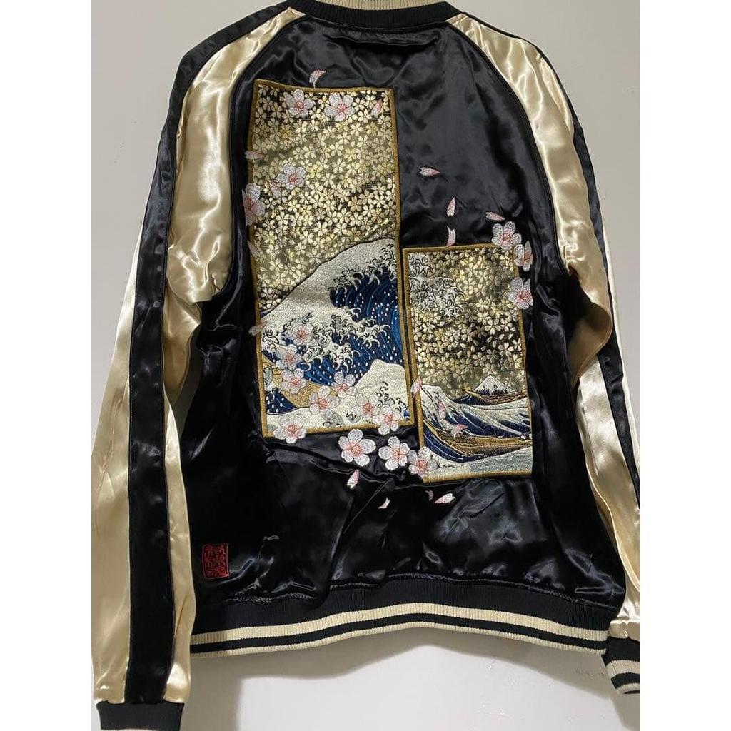 Used Karakuri Tamashii Katsushika Hokusai Thirty-six Views of Mount Fuji Cherry Blossoms Waves Embroidery Sukajan Blouson Satin Fabric