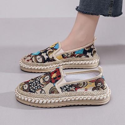 Four Seasons Women Thin Shoes New Loafers Casual Slip-on Shoes Cartoon Bear Printed Canvas Flax Espadrilles Match Casually Flats