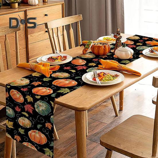 Thanksgiving Party Table Runner Pumpkin Sunflower Print Stain-Proof Reusable Table Protection Decoration Hotel Prom Banquet Table Runner